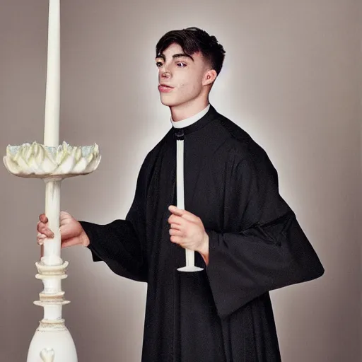 Image similar to attractive kai havertz wearing priest outfit holding large detailed ivory candlestick. natural lighting by ruan jia, portrait. 8 k high definition