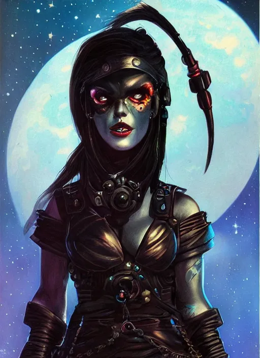 Image similar to portrait of female space pirate, night sky background, beautiful! coherent! by brom, deep color, strong line, high contrast