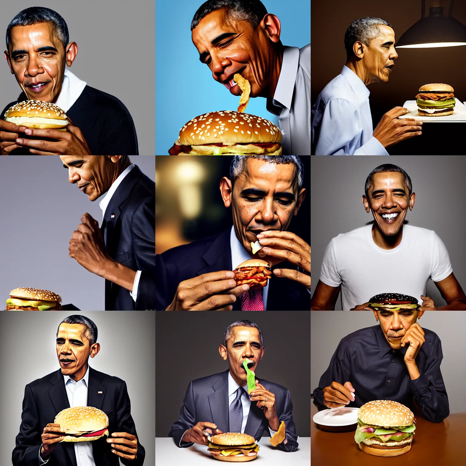 Prompt: Obama eating a Big Mac at night, studio lighting,