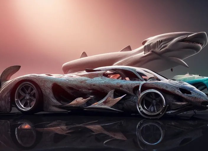 Image similar to hd wallpaper of a car made out of sharks, octane render, 8 k, hyperrealistic, unreal 5, intricate detail, cinematic, studio lighting, concept art, trending on artstation,