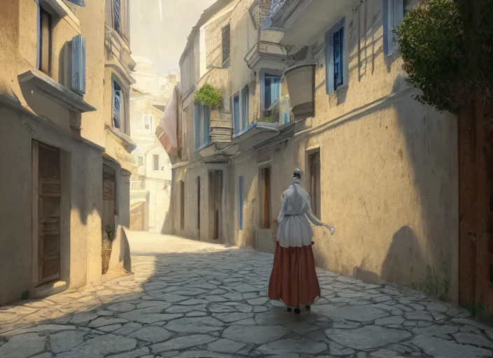 Image similar to a woman in a fed skirt walking the narrow streets of athens, painted by, mc escher, gordon onslow ford, georgia o'keeffe and ivan aivazovsky, cinematic light, god rays, colourful, unreal engine, zbrush central,