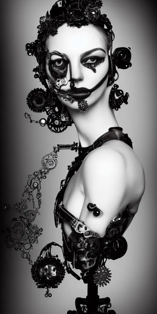 Prompt: black and white dreamy foggy smoky profile face portrait, one silver steampunk eye biomechanical beautiful young female - cyborg - robot bust, body ribs meshes,, volumetric light, hibiscus flowers, rim light, by dora maar and cecile beaton, big gothic fashion pearl embroidered collar, 8 k