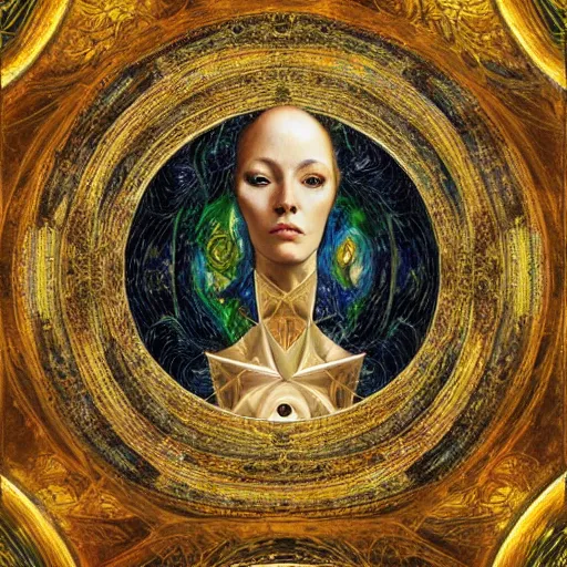 Image similar to Divine Chaos Engine portrait by Karol Bak, Jean Deville, Gustav Klimt, and Vincent Van Gogh, celestial, sacred geometry, visionary, mystic, fractal structures, ornate gilded medieval icon, spirals