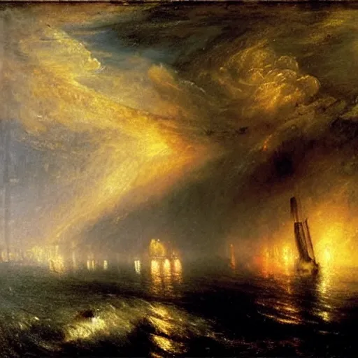Prompt: dark and stormy night on the open sea, atmospheric, painting by Turner