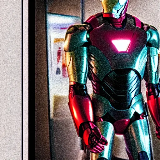 Image similar to Iron Man working as a 7/11 cashier, counter, laser scanner, macro, wide wide shot, very detailed, beautiful lighting