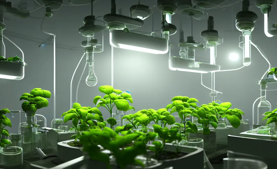 Image similar to plant laboratory, beautiful hydroponics flower, research office, incandescent lamp, futuristic. game cg, hyperdetailed, trending on cgsociety
