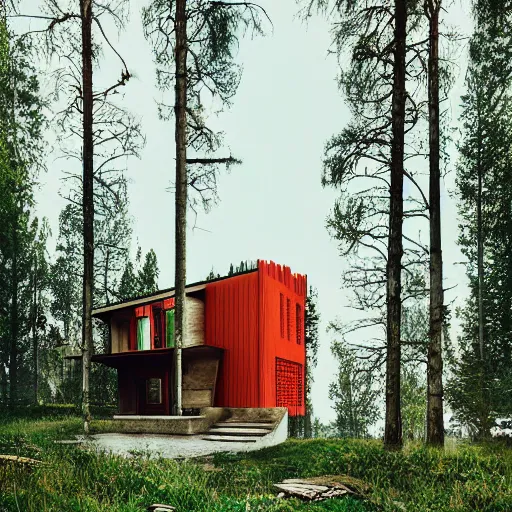 Image similar to wes anderson style modern futuristic house near the lake, snowy mountains and green forest, cinematic, realism, photo, detailed