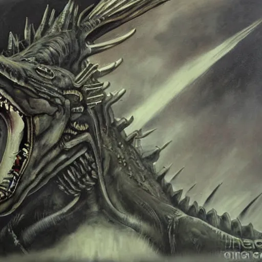 Image similar to godzilla xenomorph, hr giger painting