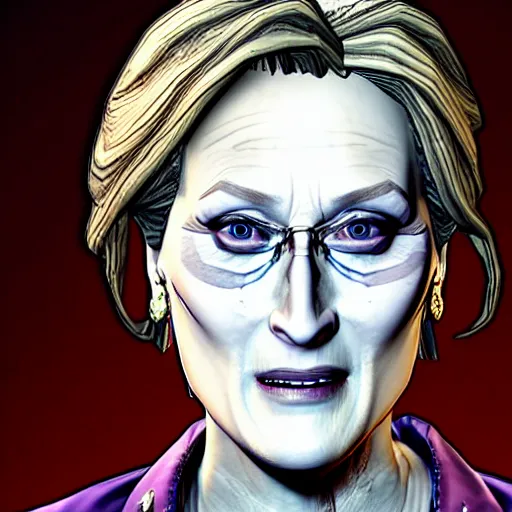 Image similar to meryl streep portrait, borderlands, tales from the borderlands, the wolf among us, comic, cinematic lighting, studio quality, 8 k