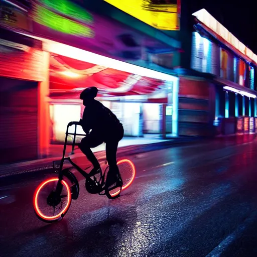 Prompt: food delivery driver riding futuristic rocket powered bike through dark rainy street with lots of neon, cyberpunk