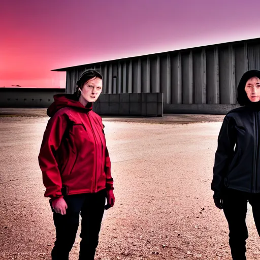 Image similar to photograph 2 techwear women in front of a brutalist metal building, on a desolate plain, red sky, sigma 8 5 mm f / 1. 4, 4 k, depth of field, high resolution, octane render, 4 k, 8 k, hd, full color