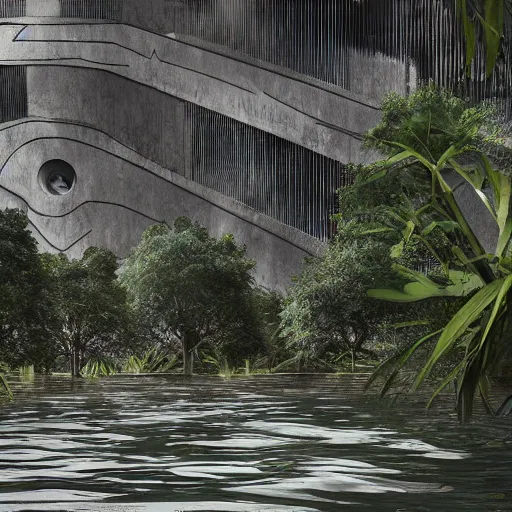 Image similar to j g ballard drowned world, flooded remains of brutalist london, overgrown by dense jungle under a hazy sunny sky, trending on artstation, detailed