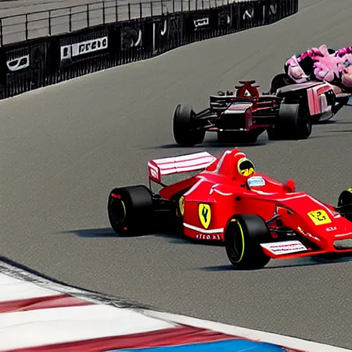 Image similar to Ferrari 2022 formula 1 car surrounded by clowns, DSRL photo, realistic