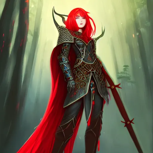 Image similar to a female elven cleric with red long hair, very good beautiful heavy scale armor, wearing a cape, casting a fire spell, dungeon background, magical, bright, colorful, fantastic lighting, amazing details, 4 k uhd, illustration by stephanie brown and mingchen shen and ilya kuvshinov, artstation, pixiv, concept art,