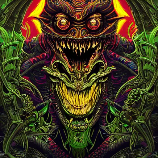 Image similar to barong family member, wiwek, mara demon, one single tribe member, jungle, one single mask, dark, ancient warrior, snake, alien, predator, dragon, devil, satan, diablo, tribal, inner glow, art by dan mumford and justin gerard