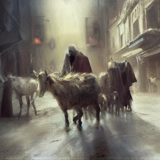 Image similar to pastel on canvas of Mary and Joseph being turned away from an inn at night, pack animals in the background, crowded city streets, ancient setting, looming desert walls, by Jeremy Mann, earthy tones, serious, anxiety, realistic, stylized, detailed, loose brush strokes