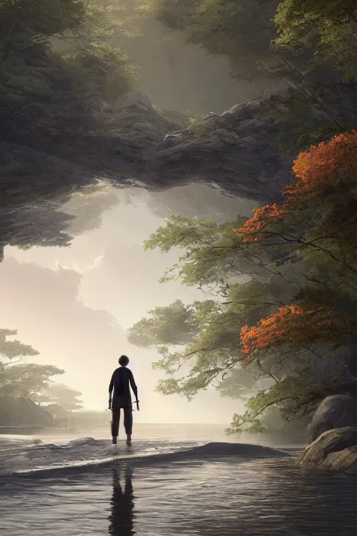 Image similar to a wholesome cottagecore illustration of a man walking on the backs of a river with his shadow flowing behind, studio Ghibli, Pixar and Disney animation, sharp, Rendered in Redshift and Unreal Engine 5 by Greg Rutkowski, Bloom, dramatic lighting