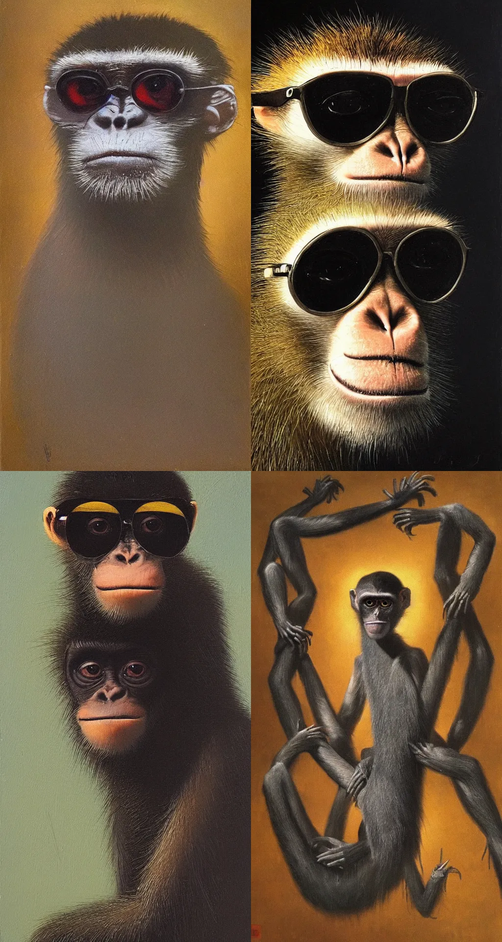 Prompt: an oil painting portrait of a spider monkey in sunglasses, art by Rembrandt