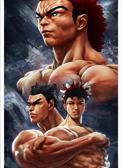 Image similar to street fighter x baki, naturel, hyper detailed, digital art, trending in artstation, cinematic lighting, studio quality, smooth render, unreal engine 5 rendered, octane rendered, art style by klimt and nixeu and ian sprigger and wlop and krenz cushart