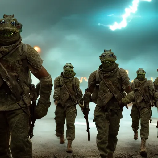 Image similar to an army of apocalyptic warrior soldiers frogs, marching to war, cinematic and dramatic lightning, artstation trending, 8 k, octane render, matte painting, horror, vivid