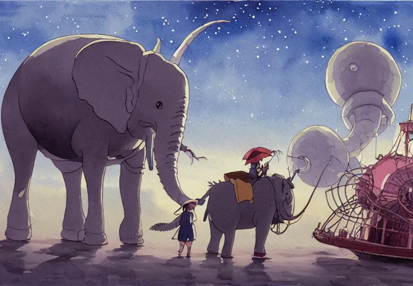 Image similar to a hyperrealist watercolor concept art from a studio ghibli film showing a giant grey lovecraftian mechanized elephant from howl's moving castle ( 2 0 0 4 ). a hindu is under construction in the background, in india on a misty and starry night. by studio ghibli. very dull muted colors