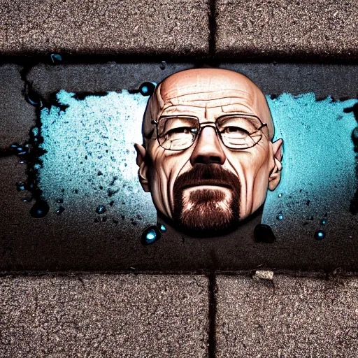 Prompt: walter white's!! face on a as a puddle of water!!! on a street, close up 8 k photograph