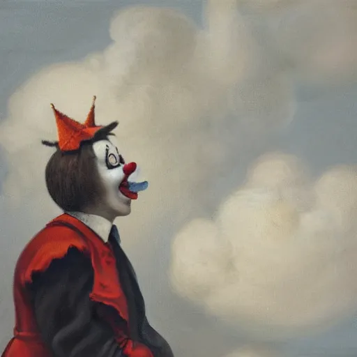 Image similar to A portrait of a crying clown with clouds on the background