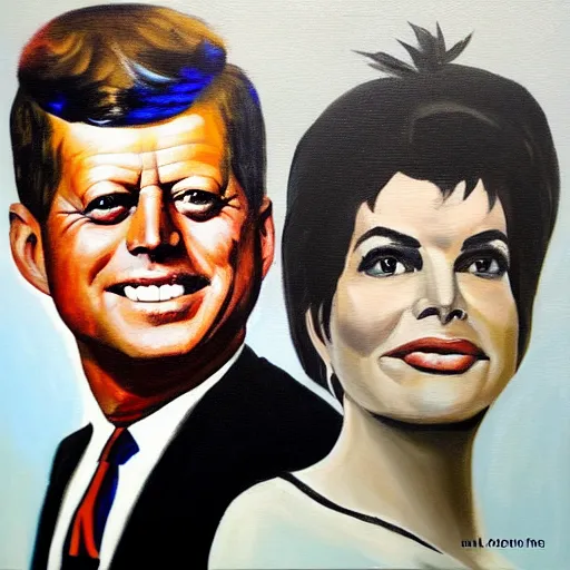 Prompt: oil painting of john f kennedy and lisa rinna in the style of bauhaus