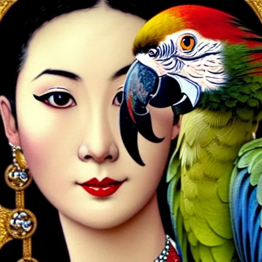 Image similar to close up portrait of the elegantly beautiful, sophisticated, slender rich vietnamese queen and her macaw parrot. intricate eye detail focus, baroque, batik, by norman rockwell, range murata jeremy lipking, trending on pinterest, vivid 8 k, sharp depth of field, pristine global illumination, smooth, 3 d.