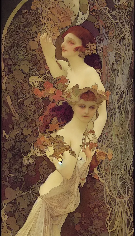 Image similar to life and death mixing together, by alfons maria mucha