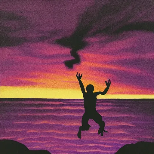 Image similar to purple sunset with a real black silhouette of a demonic walking on water, the sky falls to the ground, high detail