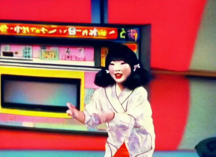 Prompt: Japanese funny TV show. Color VHS footage. A cute girl dancing on stage in the TV studio.