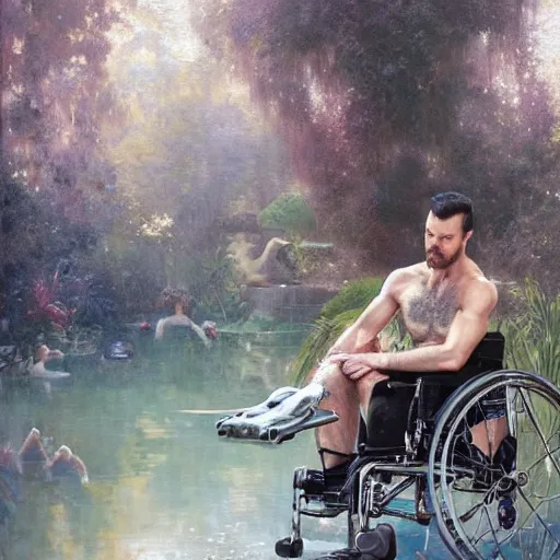 Image similar to handsome portrait of a wheelchair guy fitness posing, radiant light, caustics, war hero, smooth, one legged amputee, reflective water koi pond, lush garden surroundings, by gaston bussiere, bayard wu, greg rutkowski, giger, maxim verehin