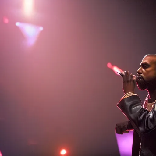 Prompt: photograph of kanye west performing, night time, backlighting, 8 k