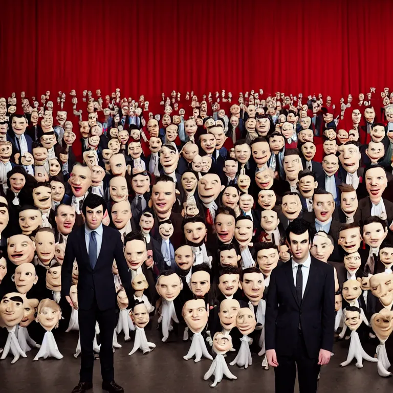 Prompt: focused dslr medium shot photograph of nathan fielder standing in front of hundreds of nathan fielder puppets on strings from nathan for you on comedy central filmed by a tv crew on a stage with a red curtain, meta, fractal, trippy, high detail!!! 8 k!!!!, photorealism!!!, sharp focus!!! coherent!!!