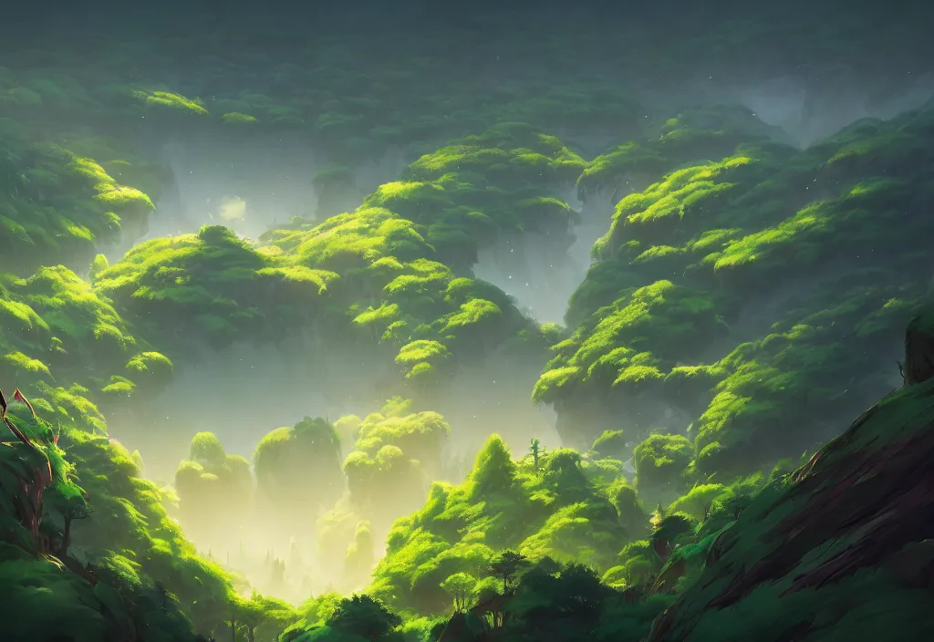 Image similar to high view of the background of a forest that has an endless pit in the bottom of the image, visible brush strokes, forest, dynamic lighting, aesthetics, smooth, d & d, fantasy, asymmetrical, elegant, matte painting, by makoto shinkai borderlands and by feng zhu rossdraws, fan art, cartoon style