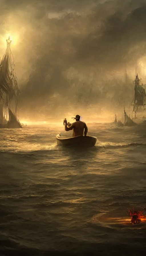 Image similar to man on boat crossing a body of water in hell with creatures in the water, sea of souls, by cgsociety