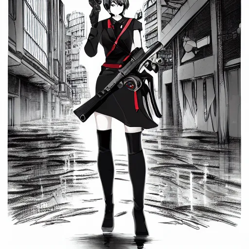 Image similar to woman standing holding large gun in cityscape, flooding, manga style, rwby, shonin jump, black and white, line art
