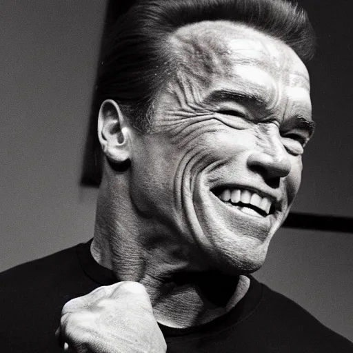 Prompt: arnold schwarzenegger with small arms, slim body, small legs, no muscles