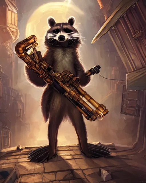 Image similar to Raccoon, Anthropomorphized, holding rocket launcher, Golden Steampunk city atmosphere, magic the gathering artwork, D&D, fantasy, cinematic lighting, centered, symmetrical, highly detailed, digital painting, artstation, concept art, smooth, sharp focus, illustration, volumetric lighting, epic Composition, 8k, art by Akihiko Yoshida and Greg Rutkowski and Craig Mullins, heroic pose, oil painting, cgsociety,