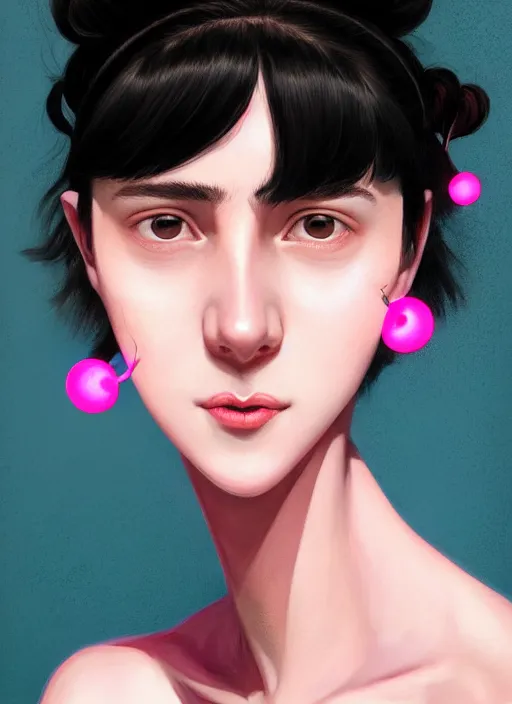 Image similar to portrait of high school girl, realistic, black hair, bangs, half updo hairstyle, pointy nose, skinny, smile, ugly, defined jawline, big chin, pink hair bow, earrings, intricate, elegant, glowing lights, highly detailed, digital painting, artstation, sharp focus, illustration, art by wlop, mars ravelo and greg rutkowski