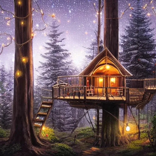 Image similar to detailed concept art of a cozy treehouse with fairy lights, in a redwood forest