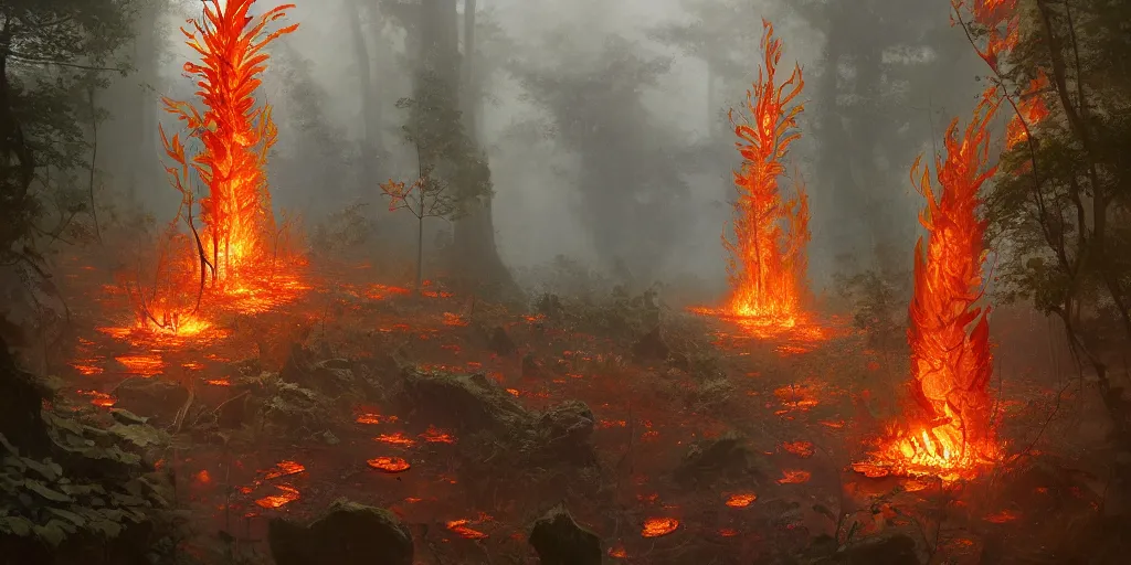 Image similar to A flaming forest , flaming leaves,Magma,flame stones are scattered, flame ferns, flame shrubs, huge flame Fantasy plant,covered in flame porcelain vine, artstation,by Jakub Rozalski, Greg Rutkowski,anthony avon