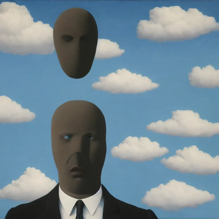 Image similar to portrait of a faceless shadow - head man in a suit, clouds in the background, by rene magritte, detailed painting, distance, centered, hd, hq, high resolution, high detail, 4 k, 8 k