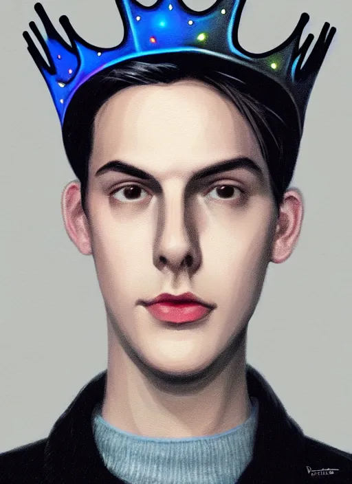 Image similar to portrait of teenage jughead jones wearing a light grey crown, crown, blue turtleneck, 1 9 5 0 s, closed eyes, photorealistic, black hair, glowing lighting, intricate, elegant, glowing lights, highly detailed, digital painting, artstation, concept art, smooth, sharp focus, illustration, art by wlop, mars ravelo and greg rutkowski