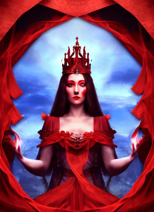 Prompt: a beautiful detailed 3 d matte painting, variations around female, queen, necromancer, symmetrical features, vertical portrait, whirling smoke, embers, red adornements, red torn fabric