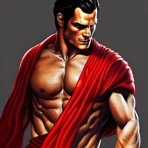 Prompt: Henry Cavill is a Greek god, gorgeous, amazing, muscular, red silk, intricate, elegant highly detailed, digital painting, artstation, concept art, sharp focus, illustration,