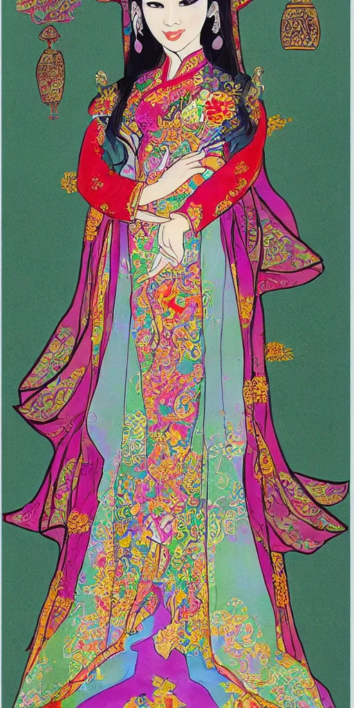 Prompt: silk painting of beautiful vietnamese princess wearing vietnamese ao dai, 2 d game character design, in the style of lam manh