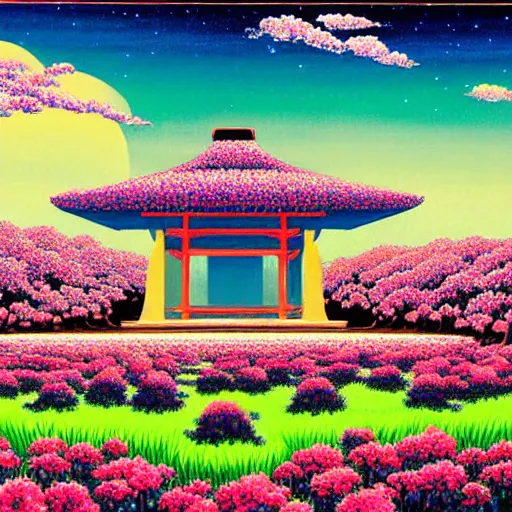 Image similar to a beautiful painting of a large alien shrine shrouded by mystic nebula magic in a field of flowers by hiroshi nagai and hirohiko araki, detailed line art