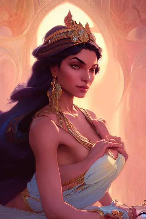 Image similar to Princess Jasmine, fantasy, intricate, elegant, highly detailed, digital painting, artstation, concept art, matte, sharp focus, illustration, art by Artgerm and Greg Rutkowski and Alphonse Mucha